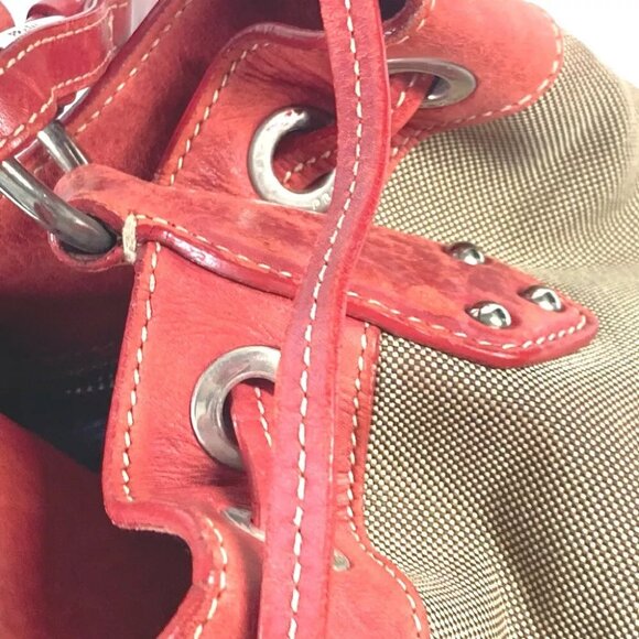 PRADA Bucket type Logo drawstring bag Shoulder Bag Leather/Canvas Beige/Red - Picture 6 of 16